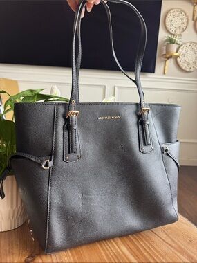 Michael Kors Black Leather Tote with Gold-Tone Hardware